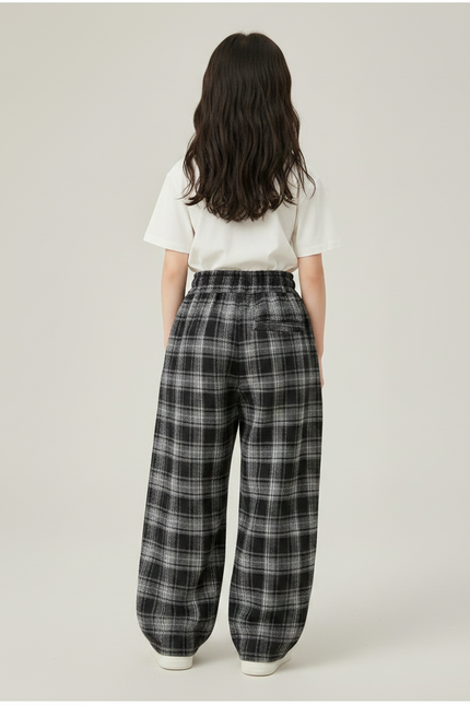 Pantalon Japonais Carreaux Ample Décontracté Cordon Noir - Laine - vue 2