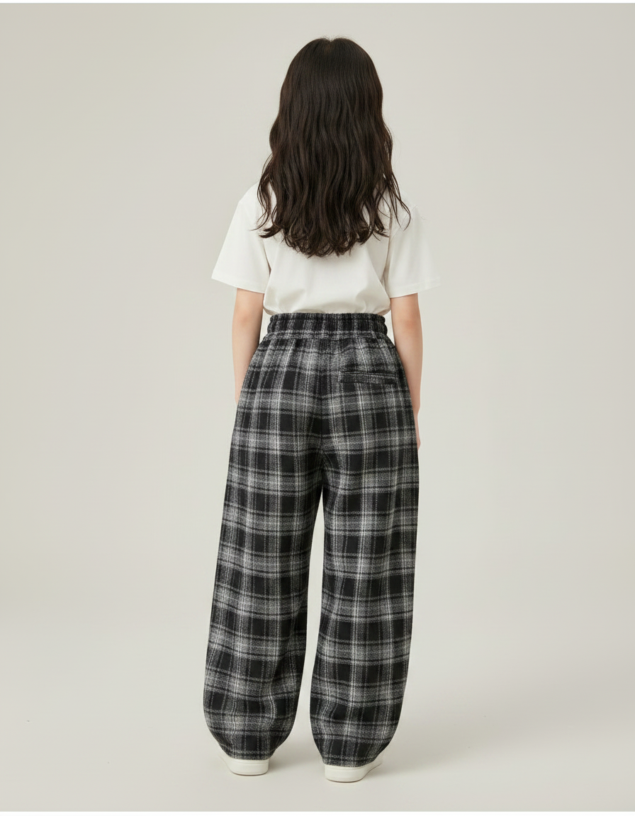 Pantalon Japonais Carreaux Ample Décontracté Cordon Noir - Laine - vue 2