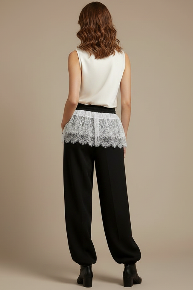 Pantalon Japonais Noir Fluide Dentelle Taille Haute - Viscose - vue 2
