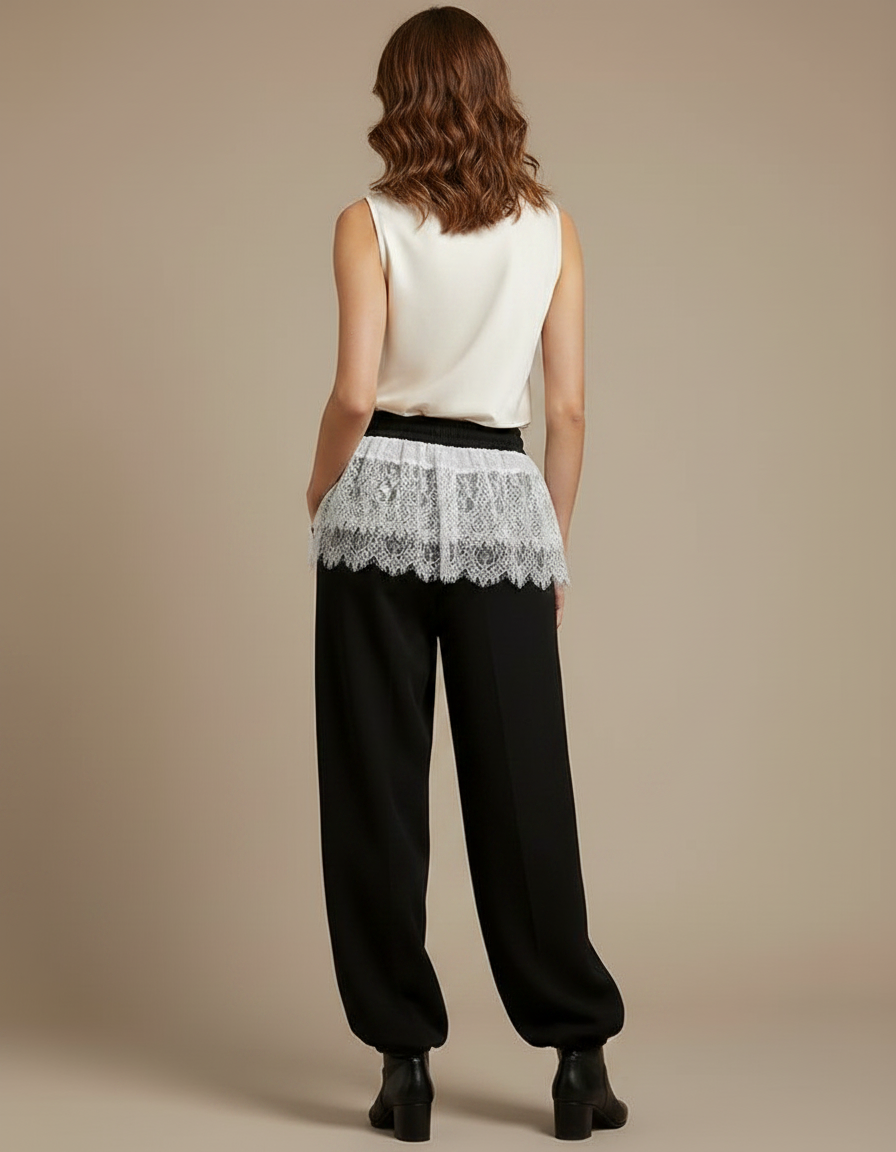Pantalon Japonais Noir Fluide Dentelle Taille Haute - Viscose - vue 2