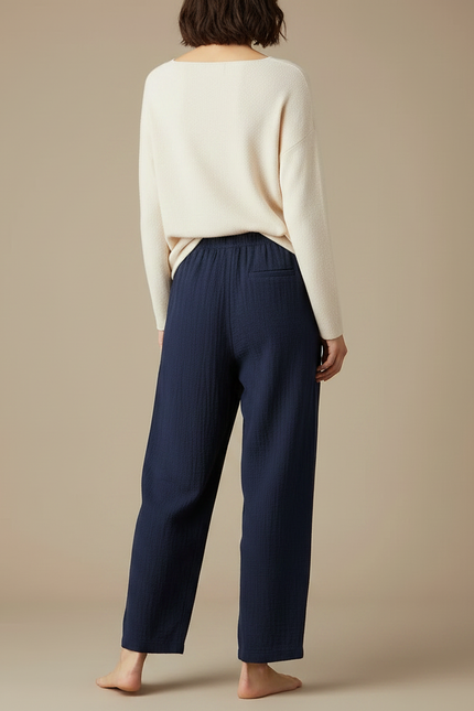 Pantalon Japonais Bleu Marine Ample Coton Crêpe - vue 2