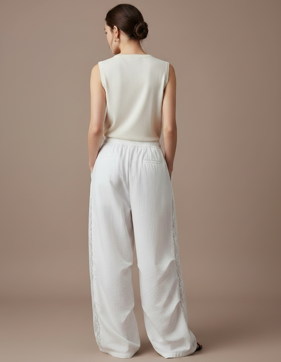 Pantalon Japonais Blanc Ample Dentelle Coton Fluide Femme - vue 2