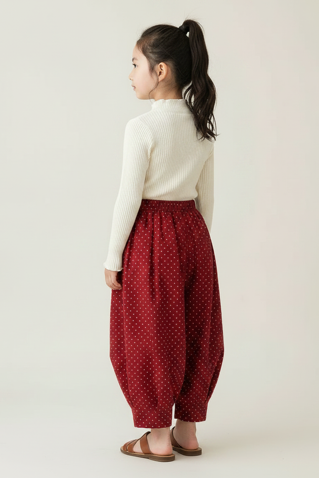 Pantalon Japonais Rouge Ample Coton Points Fille - vue 2