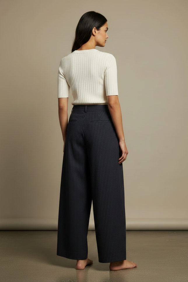 Pantalon Japonais Rayé Ample Fluide Noir Élégant - Marine Viscose - vue 2