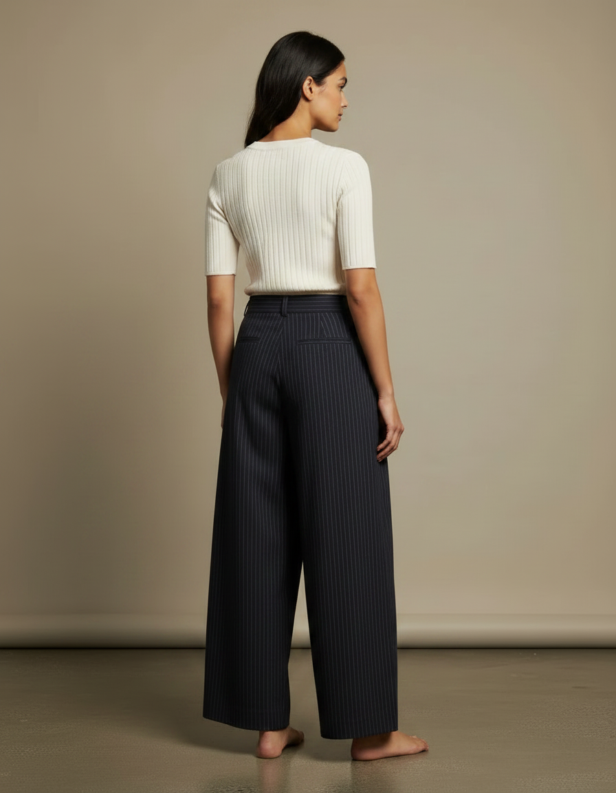 Pantalon Japonais Rayé Ample Fluide Noir Élégant - Marine Viscose - vue 2
