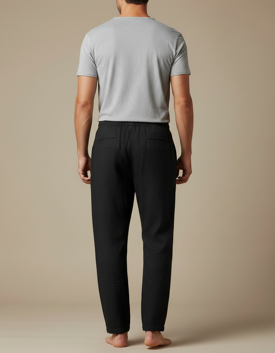 Pantalon Japonais Noir Lin Ample Cordon Homme - vue 2