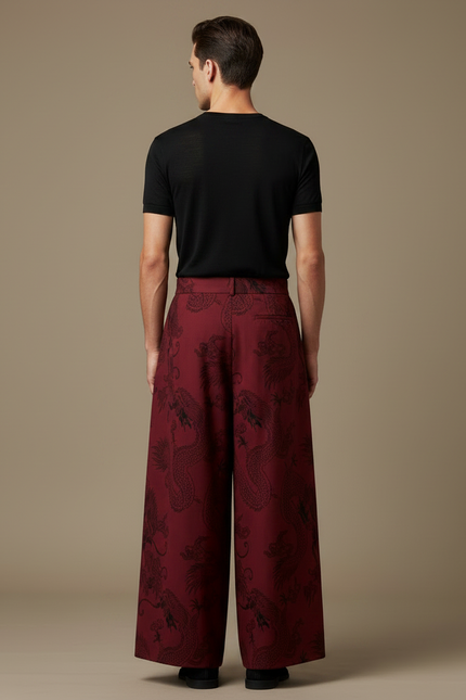 Pantalon Japonais Large Dragon Rouge Vintage Homme - Bordeaux Viscose - vue 2