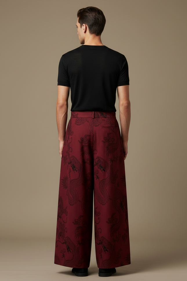 Pantalon Japonais Large Dragon Rouge Vintage Homme - Bordeaux Viscose - vue 2