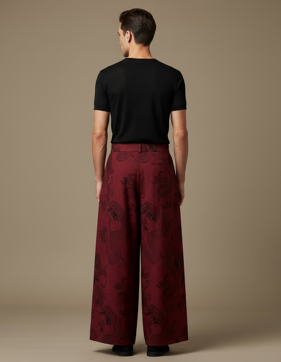 Pantalon Japonais Large Dragon Rouge Vintage Homme - Bordeaux Viscose - vue 2