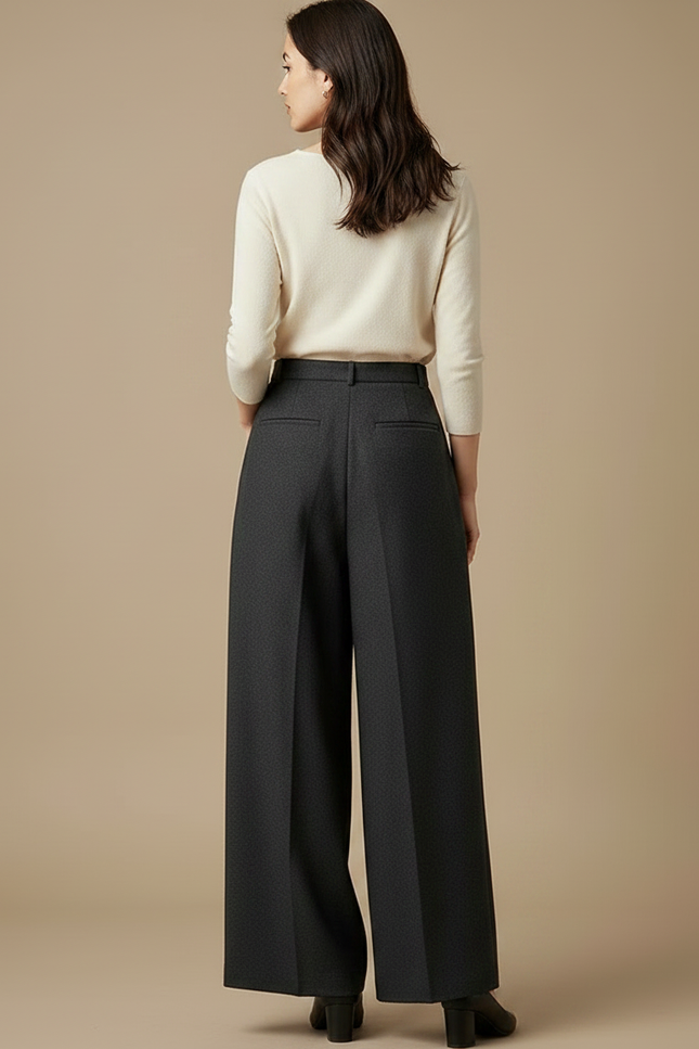 Pantalon Japonais Gris Anthracite Ample Taille Haute Femme - Laine - vue 2