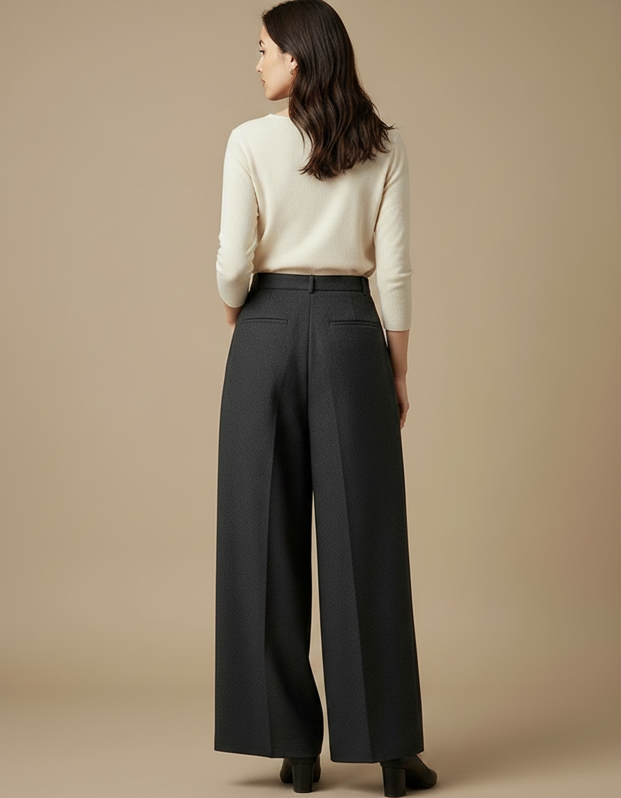 Pantalon Japonais Gris Anthracite Ample Taille Haute Femme - Laine - vue 2