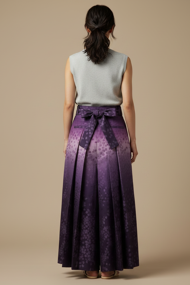 Pantalon Japonais Plissé Fleuri Ombré Élégant Ceinturé Violet - Satin - vue 2