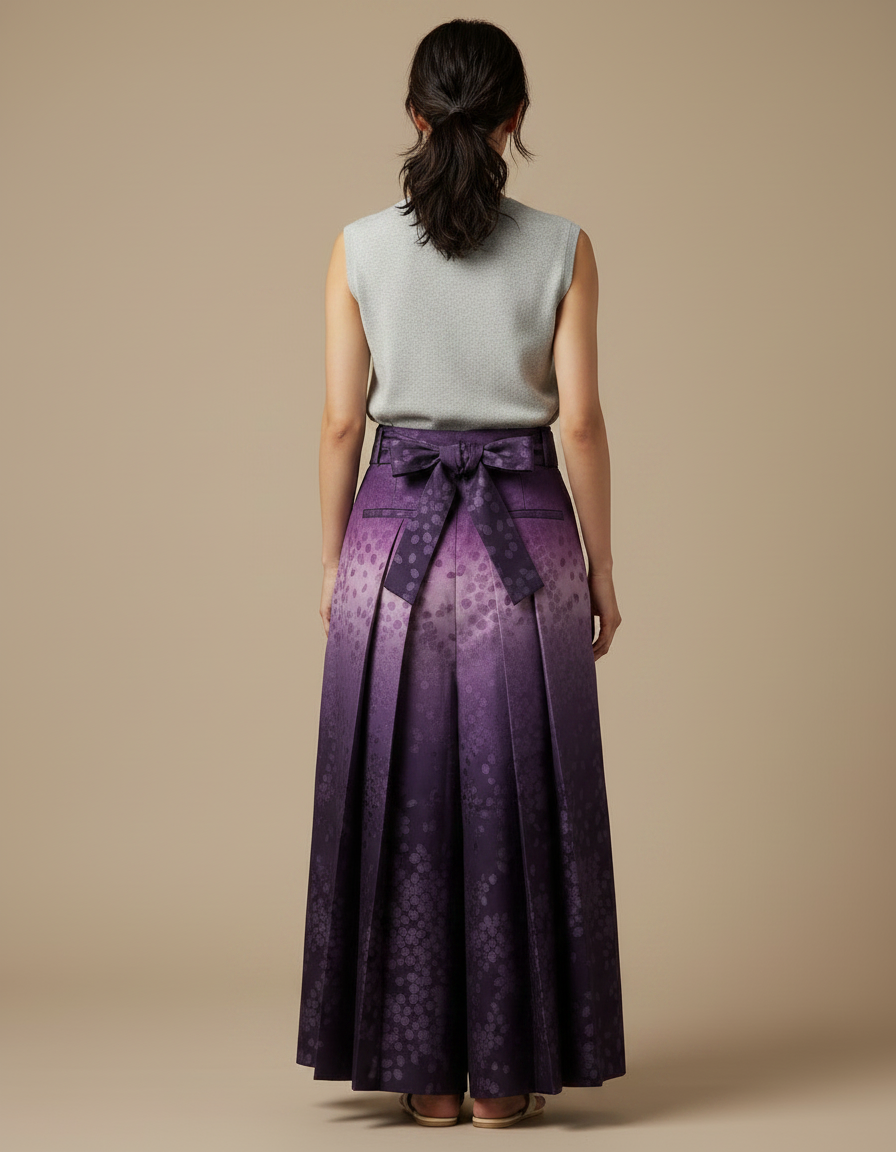Pantalon Japonais Plissé Fleuri Ombré Élégant Ceinturé Violet - Satin - vue 2