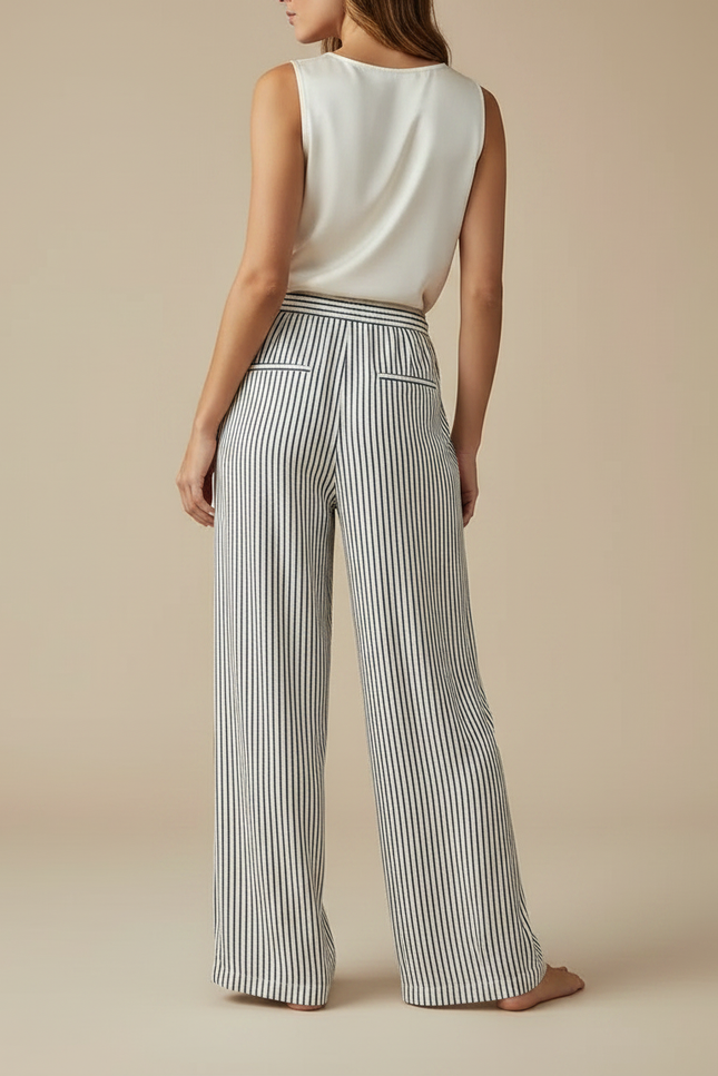 Pantalon Japonais Rayé Fluide Ample Cordon Décontracté - Imprimé Viscose - vue 2