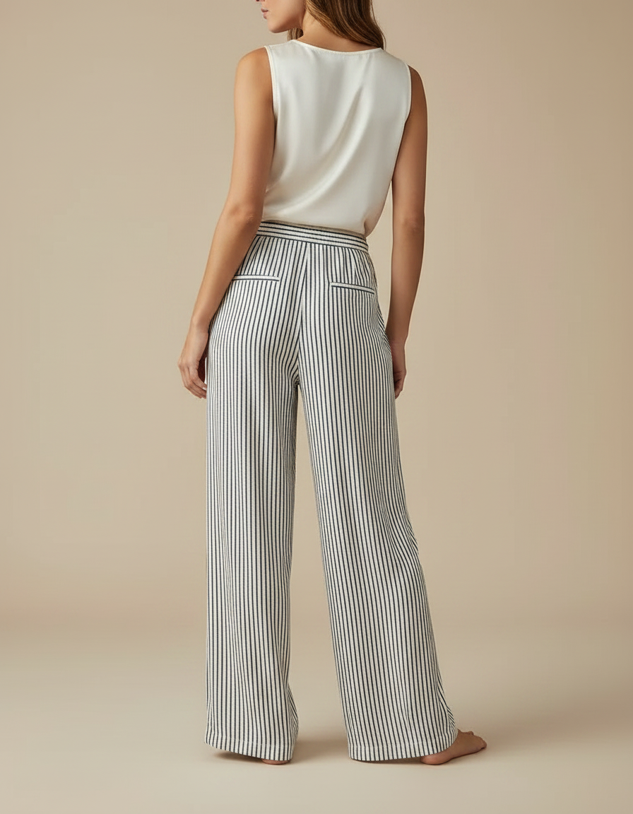 Pantalon Japonais Rayé Fluide Ample Cordon Décontracté - Imprimé Viscose - vue 2