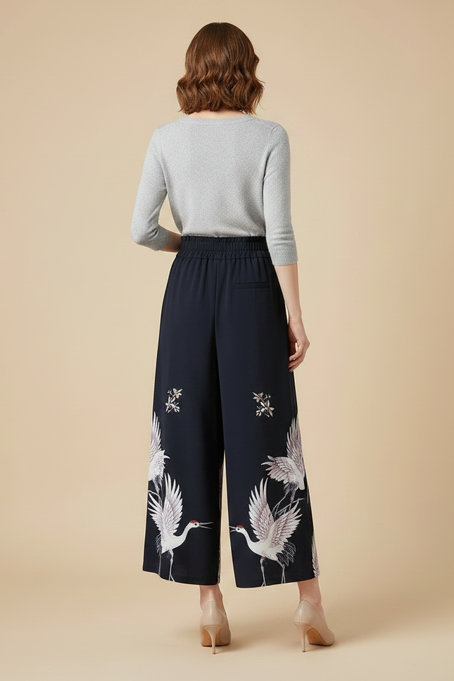 Pantalon Japonais Large Fluide Grues Imprimées Élégant - Marine Polyester - vue 2