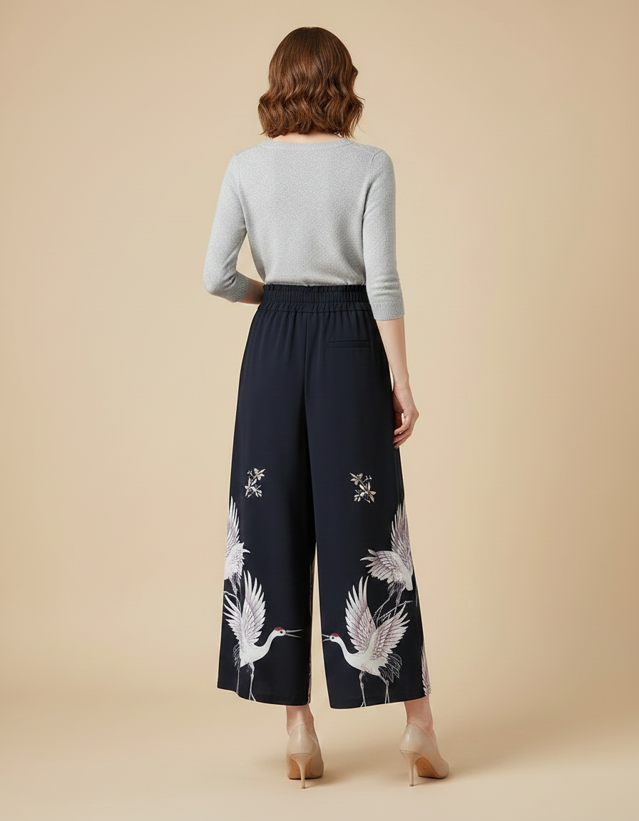 Pantalon Japonais Large Fluide Grues Imprimées Élégant - Marine Polyester - vue 2