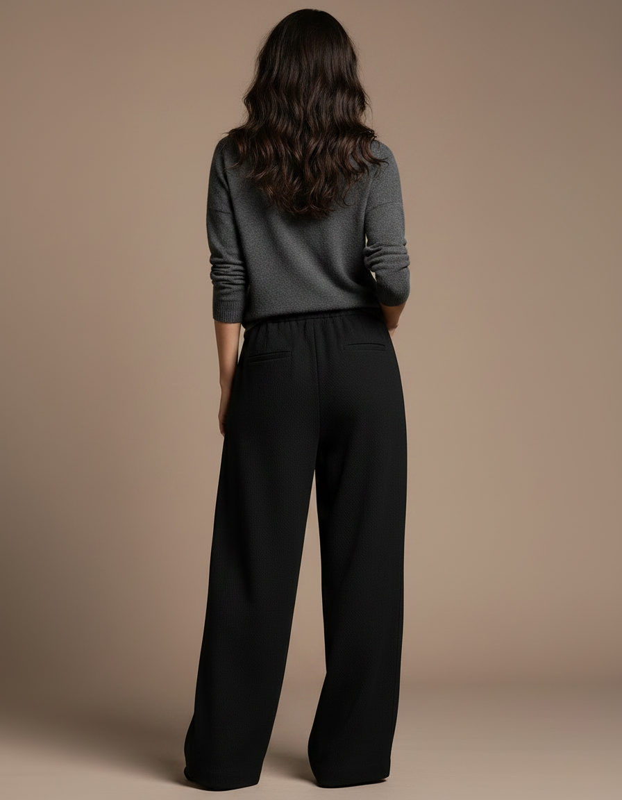 Pantalon Japonais Noir Fluide Ample Texturé Cordon - Viscose - vue 2