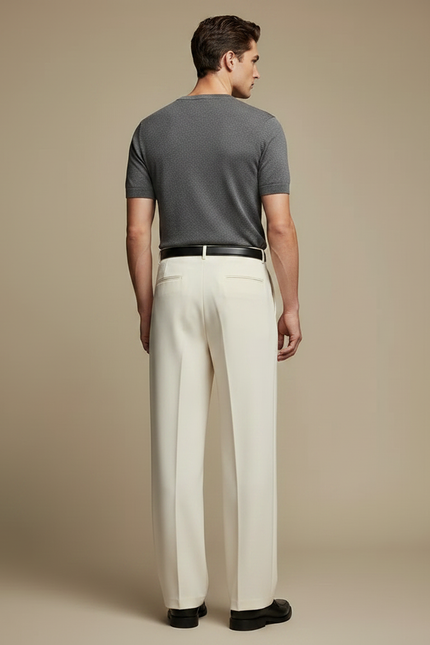 Pantalon Japonais Crème Droit Ample Plissé Homme - Beige Gabardine - vue 2