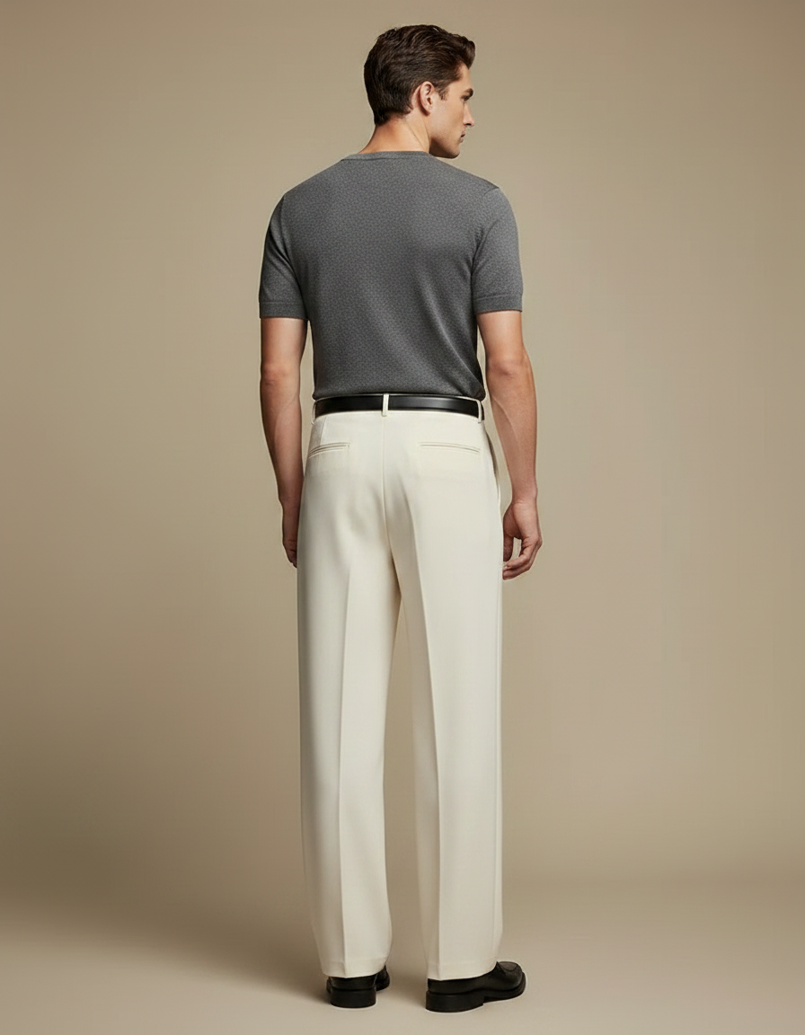 Pantalon Japonais Crème Droit Ample Plissé Homme - Beige Gabardine - vue 2