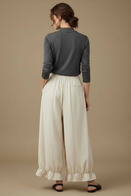 Pantalon Japonais Beige Ample Volants Cordon Décontracté - Lin - vue 2