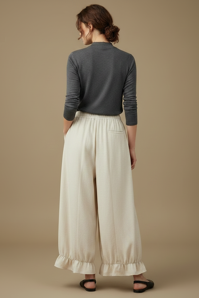 Pantalon Japonais Beige Ample Volants Cordon Décontracté - Lin - vue 2