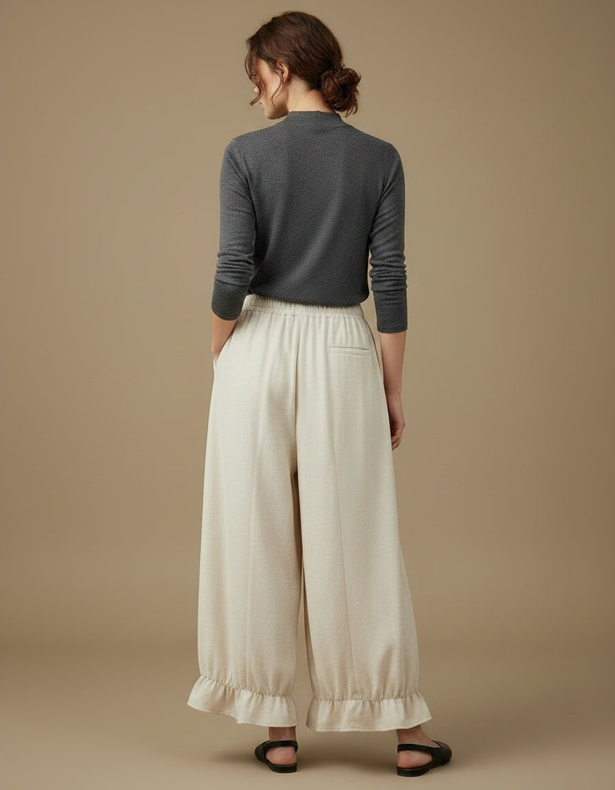 Pantalon Japonais Beige Ample Volants Cordon Décontracté - Lin - vue 2