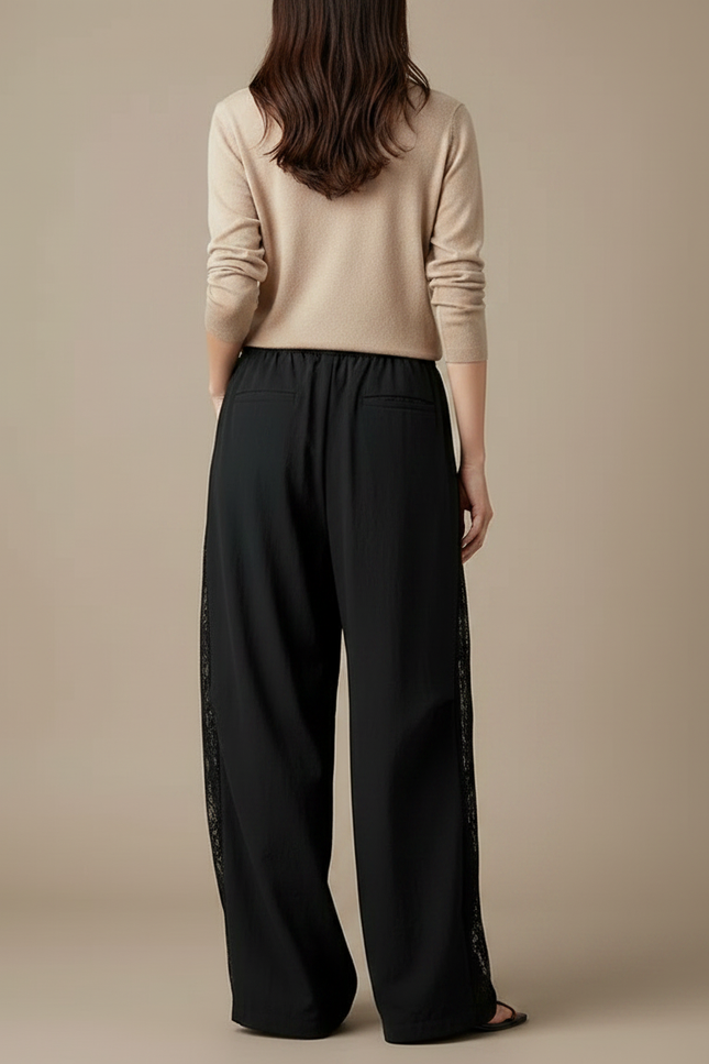 Pantalon Japonais Noir Ample Dentelle Fluide Femme - Polyester - vue 2