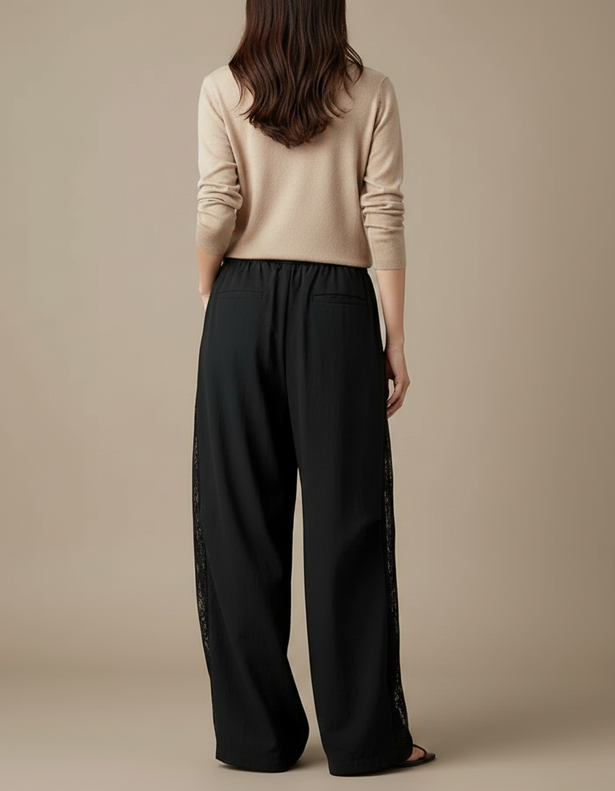 Pantalon Japonais Noir Ample Dentelle Fluide Femme - Polyester - vue 2