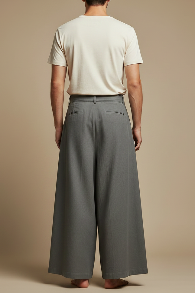 Pantalon Japonais Gris Ample Ceinturé Casual Homme - Gabardine - vue 2