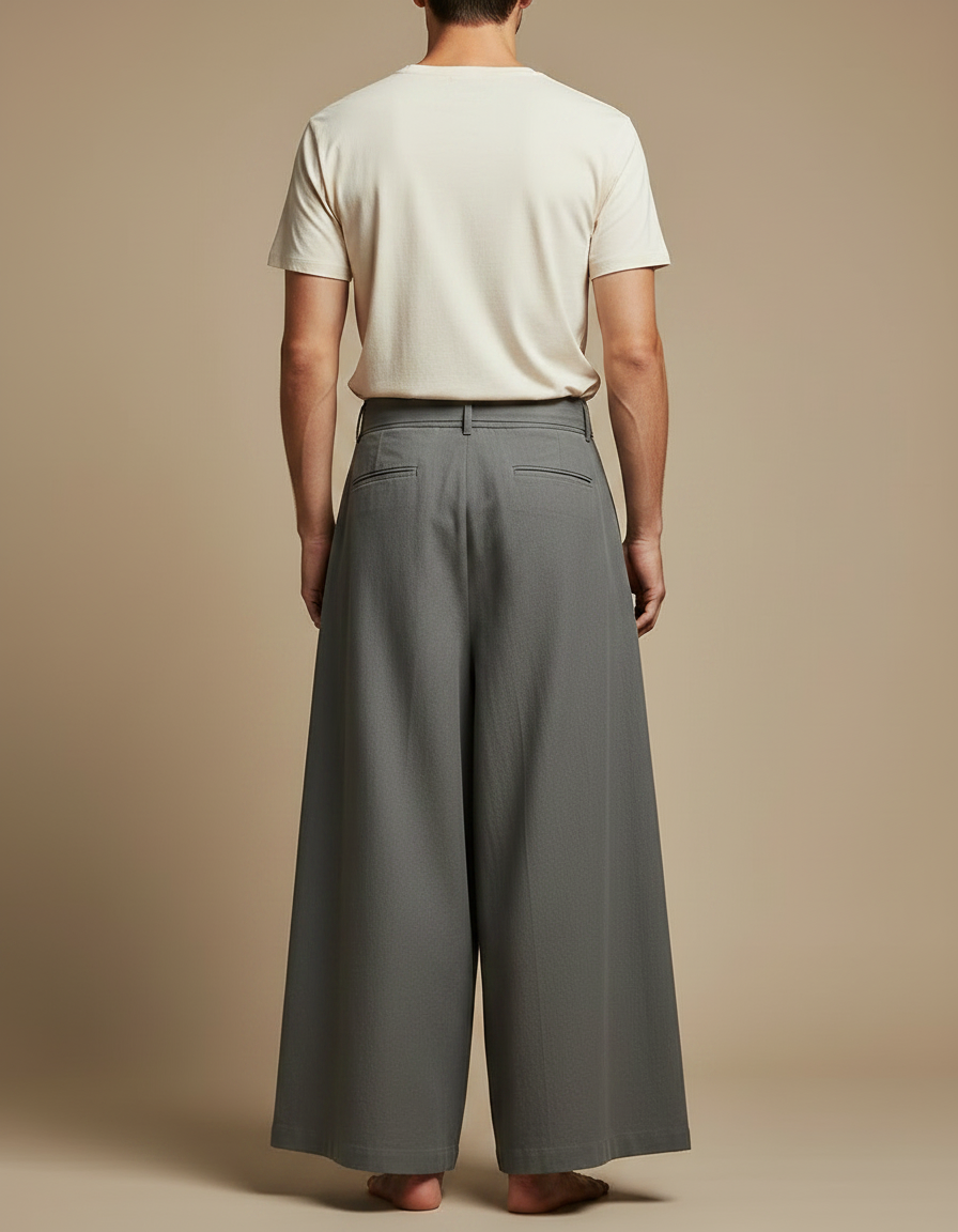 Pantalon Japonais Gris Ample Ceinturé Casual Homme - Gabardine - vue 2