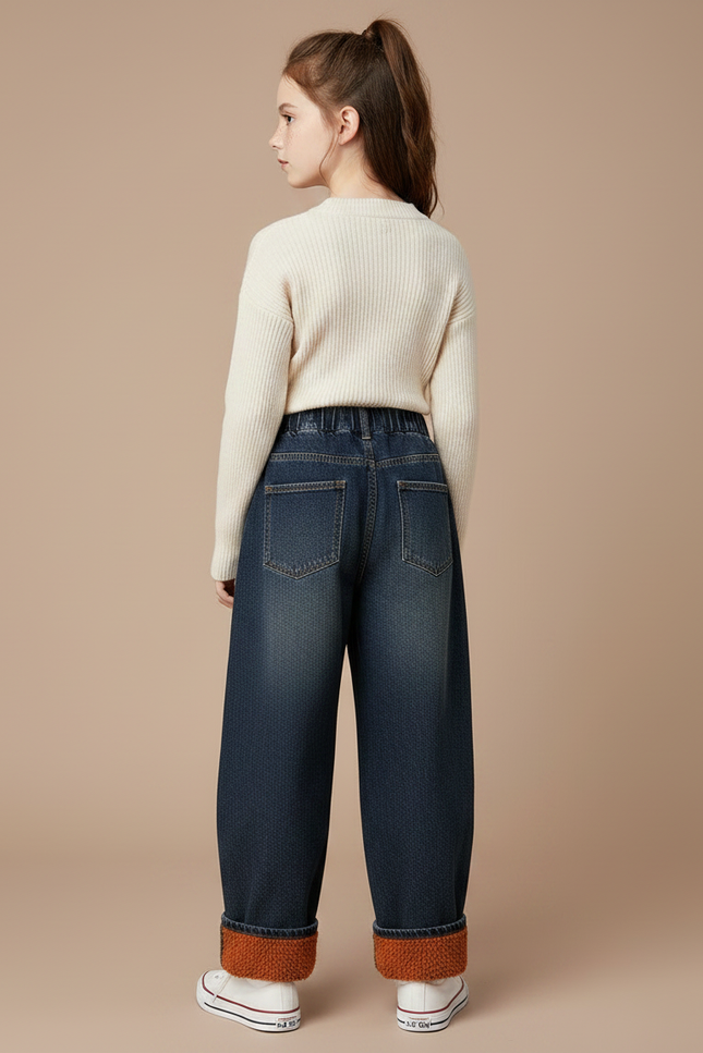 Pantalon Japonais Denim Ample Fille Doublé Hiver - Bleu Jean - vue 2