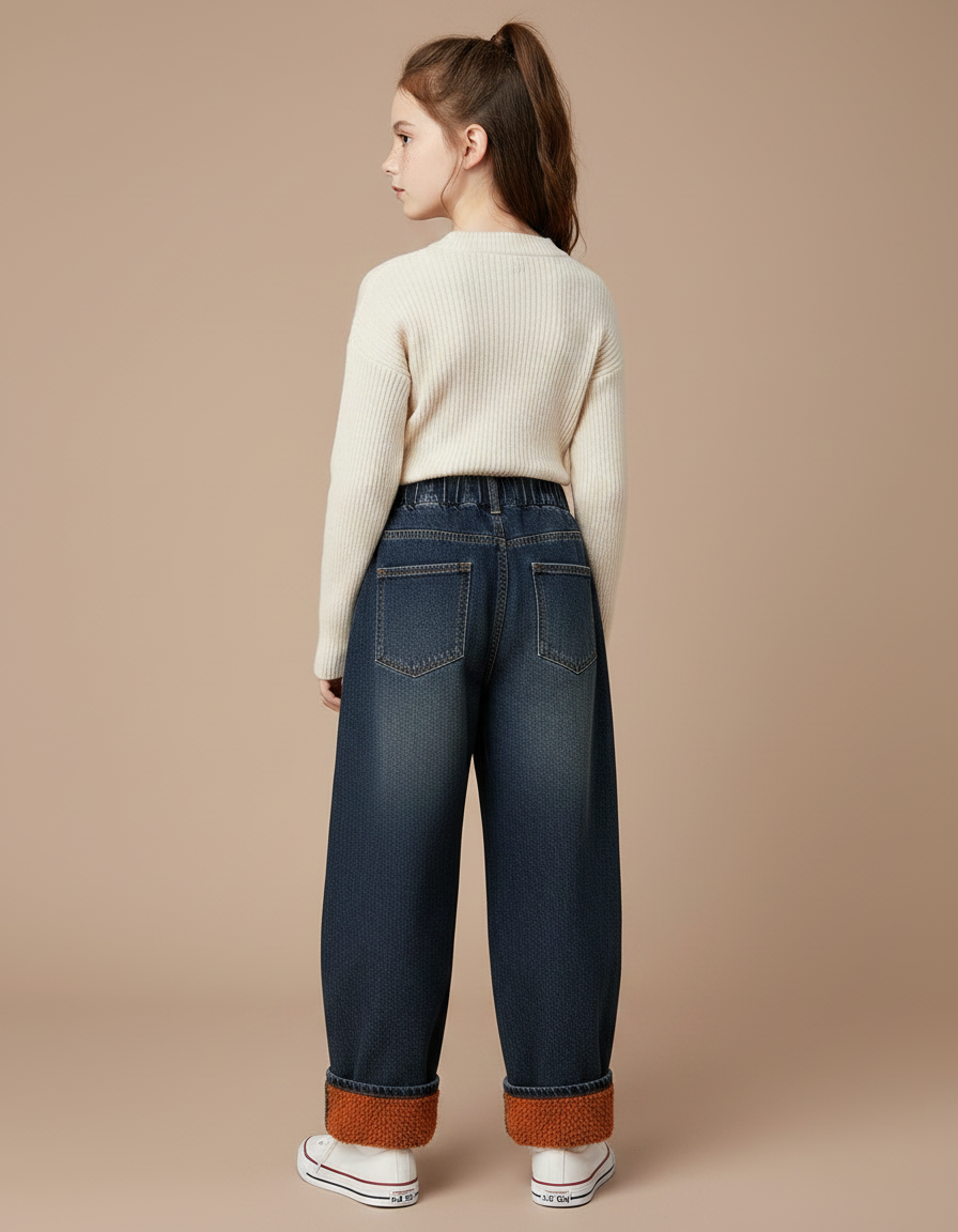 Pantalon Japonais Denim Ample Fille Doublé Hiver - Bleu Jean - vue 2