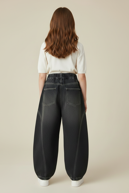 Pantalon Japonais Denim Gris Ample Élastique Fille - Jean - vue 2