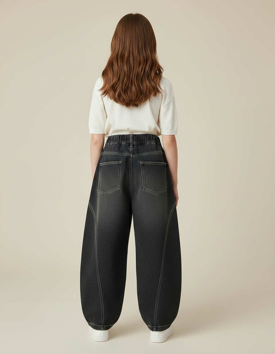Pantalon Japonais Denim Gris Ample Élastique Fille - Jean - vue 2