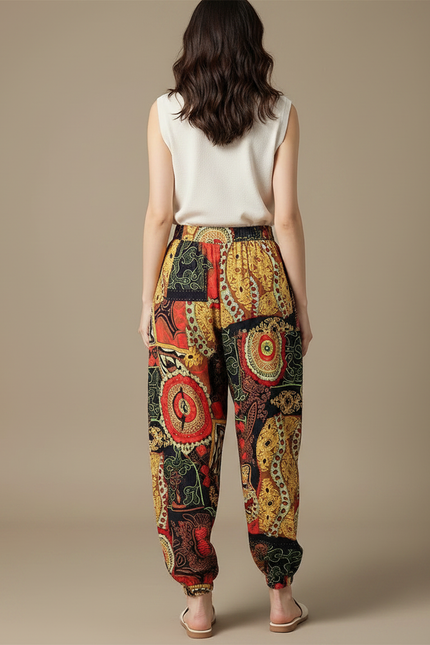 Pantalon Japonais Imprimé Ethnique Ample Fluide Bohème - Multicolore Viscose - vue 2