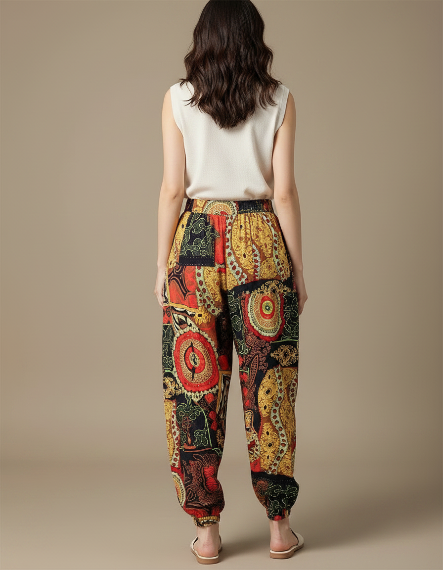 Pantalon Japonais Imprimé Ethnique Ample Fluide Bohème - Multicolore Viscose - vue 2