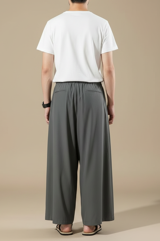 Pantalon Japonais Gris Ample Plissé Coton Homme - vue 2