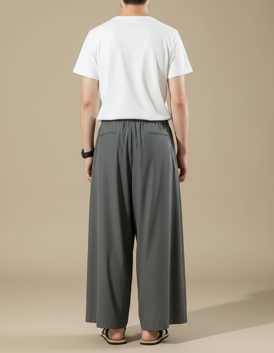 Pantalon Japonais Gris Ample Plissé Coton Homme - vue 2