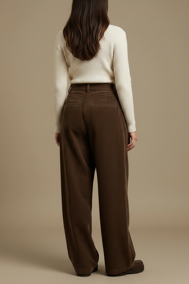 Pantalon Japonais Velours Côtelé Marron Ample Plissé - Cordé - vue 2