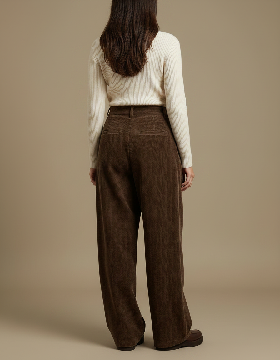 Pantalon Japonais Velours Côtelé Marron Ample Plissé - Cordé - vue 2