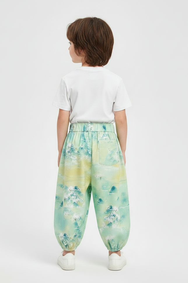 Pantalon Japonais Vert Ample Motif Paysage Enfant - Viscose - vue 2