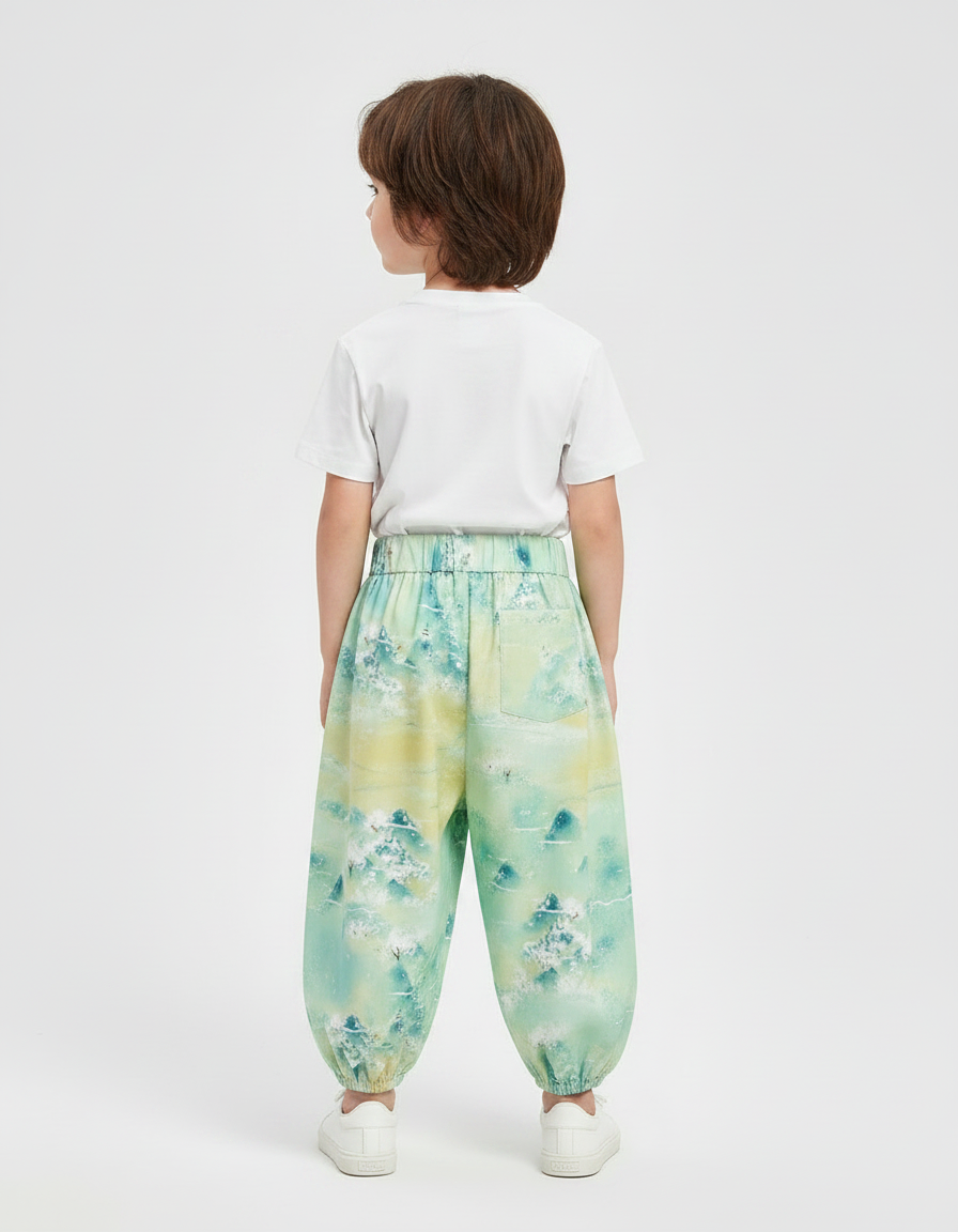Pantalon Japonais Vert Ample Motif Paysage Enfant - Viscose - vue 2