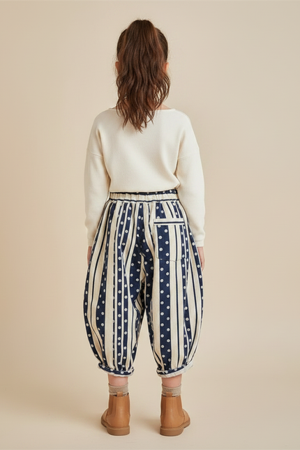 Pantalon Japonais Harem Rayures Pois Brodé Enfant - Marine Coton - vue 2