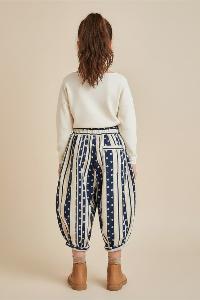 Pantalon Japonais Harem Rayures Pois Brodé Enfant - Marine Coton - vue 2