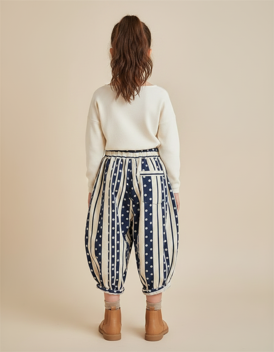 Pantalon Japonais Harem Rayures Pois Brodé Enfant - Marine Coton - vue 2