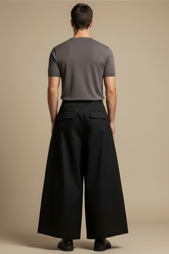 Pantalon Japonais Noir Cargo Ample Plissé Moderne - Gabardine - vue 2