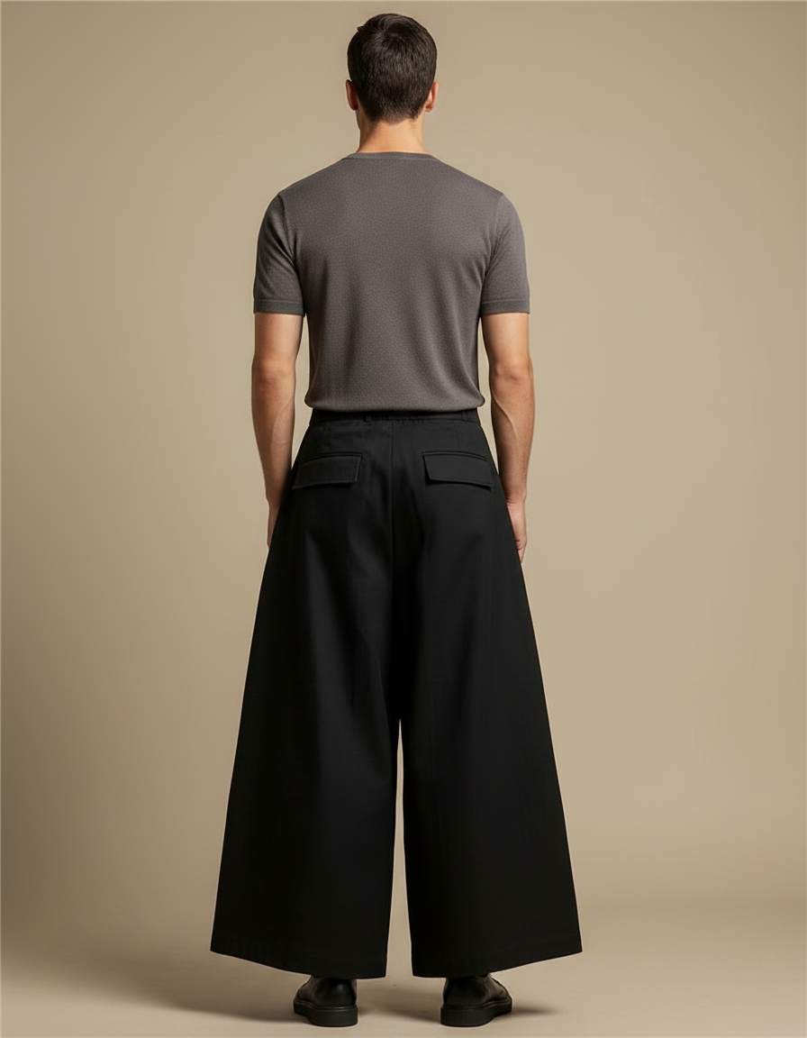 Pantalon Japonais Noir Cargo Ample Plissé Moderne - Gabardine - vue 2