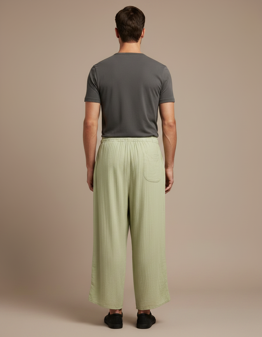 Pantalon Japonais Vert Ample Coton Brodé Décontracté - vue 2