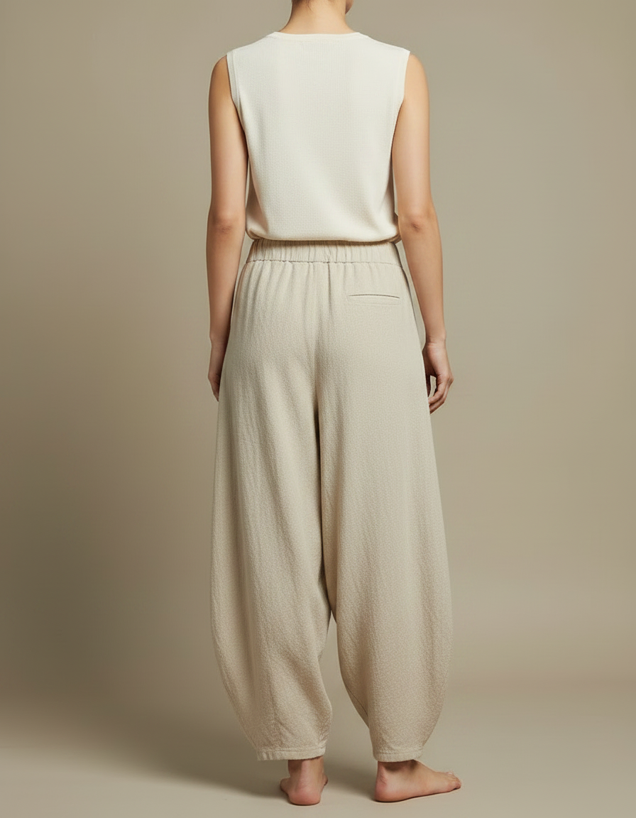 Pantalon Japonais Beige Ample Coton Fluide Femme - Lin - vue 2